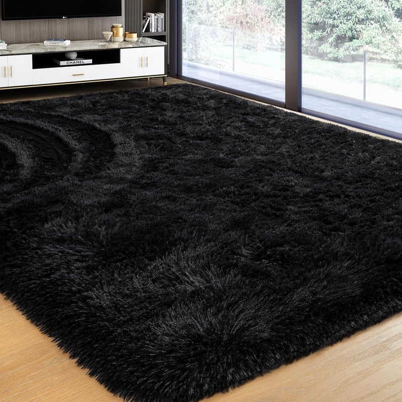 Softlife Area Rug for Living Room, Fluffy Shag Plush 5.3x7.6 Black Rugs for Bedroom Girls, Shaggy Soft Fuzzy Kids Large Carpet for Dorm Bedside Ultra Cozy Non-Slip Indoor Decor - Image 1